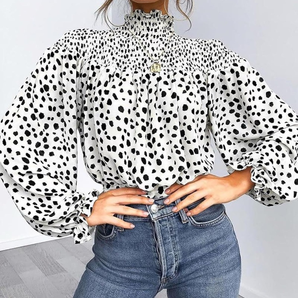 Chiffon Pleated High Neck Lantern Sleeve Top
